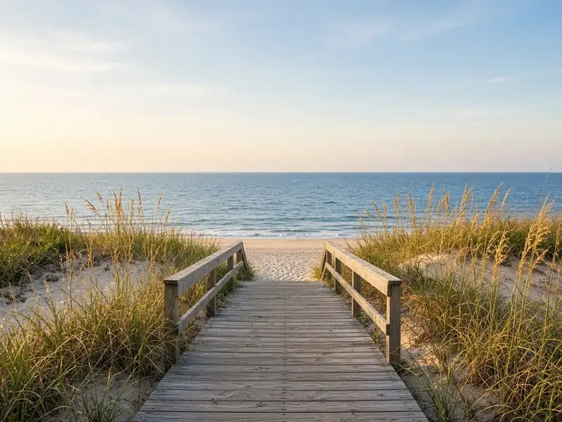 Wooden boardwalk over sea oats leading to a calm ocean