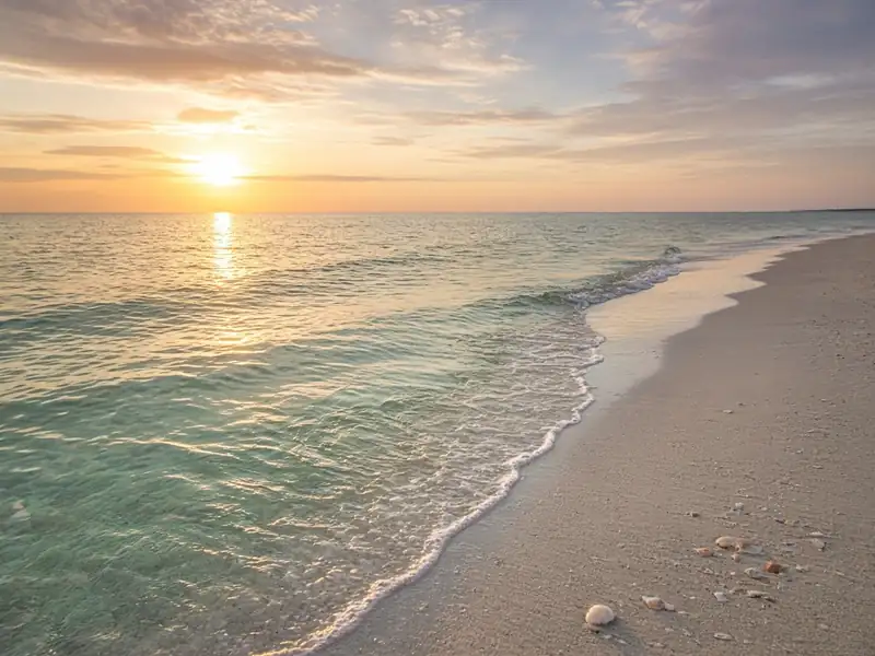 Gentle Gulf waves on white sand at sunset with seashells