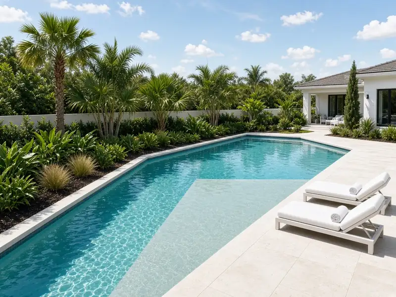 Resort-style backyard pool with a sun shelf and white loungers