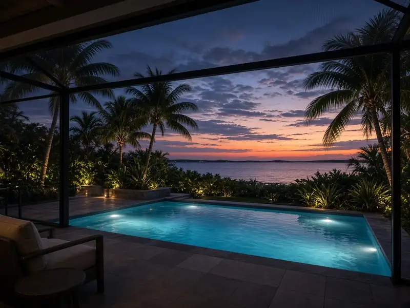 Lit pool inside a screened lanai at dusk with palms and a calm bay beyond
