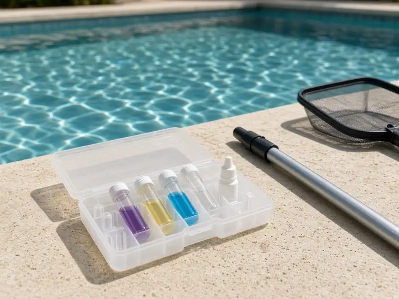 Pool water test kit and skimmer net on travertine coping beside a clear pool